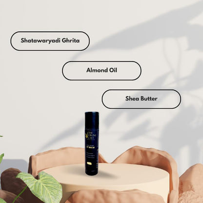  Lip balm container on a round pedestal with ingredient names.