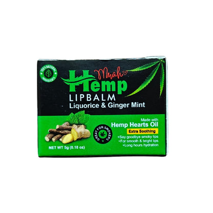 Hemp lip balm packaging with green and black design on a white background
