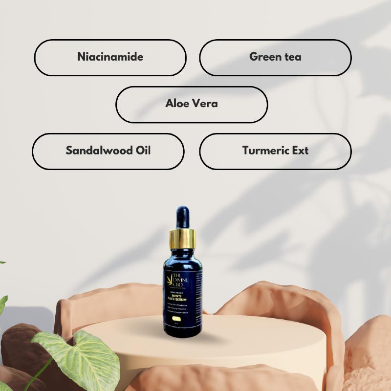 Bottle of face serum with a gold dropper cap on a beige surface, surrounded by ingredient labels.
