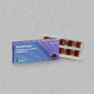 MediCann cannabis leaf extract gummies packaging on a gray background