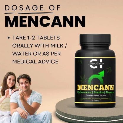 a black bottle contains cannazo mencann sexual booster with green text and yellow text. 