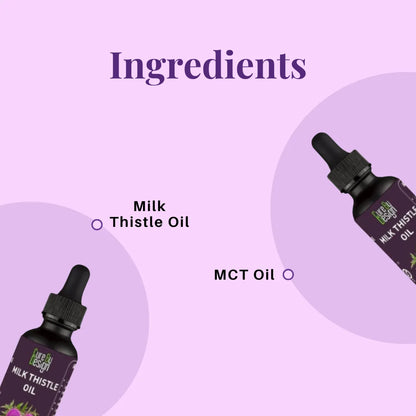 Bottle of Milk Thistle Oil with text 'Ingredients' and 'Milk Thistle Oil' on a purple background.