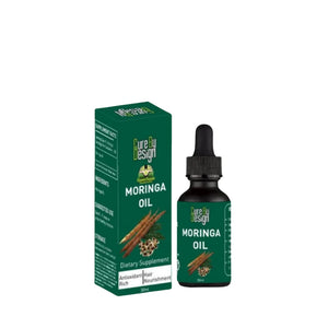 Moringa oil bottle and packaging on a white background