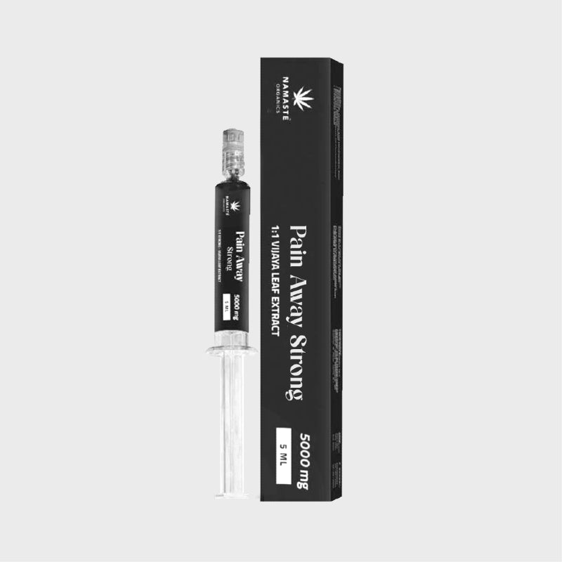 Cannabis leaf extract product packaging with 'Pain Away Strong' label on a white background