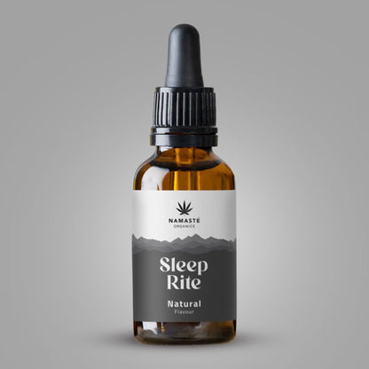 Bottle of Namaste Organics Full spectrum CBD Oil Sleep Rite on a gray background