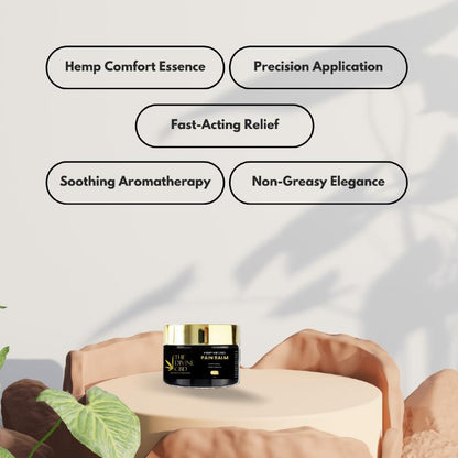 A jar of pain balm on a beige podium with text bubbles above it highlighting its features.


