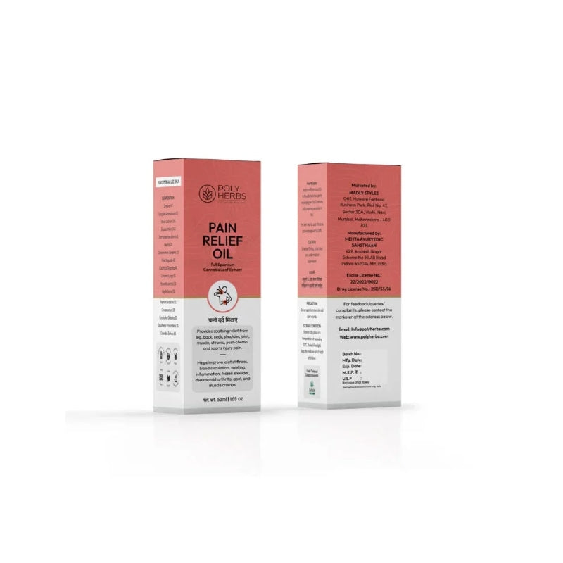 Two boxes of Poly Herbs Pain Relief CBD Oil on a white background