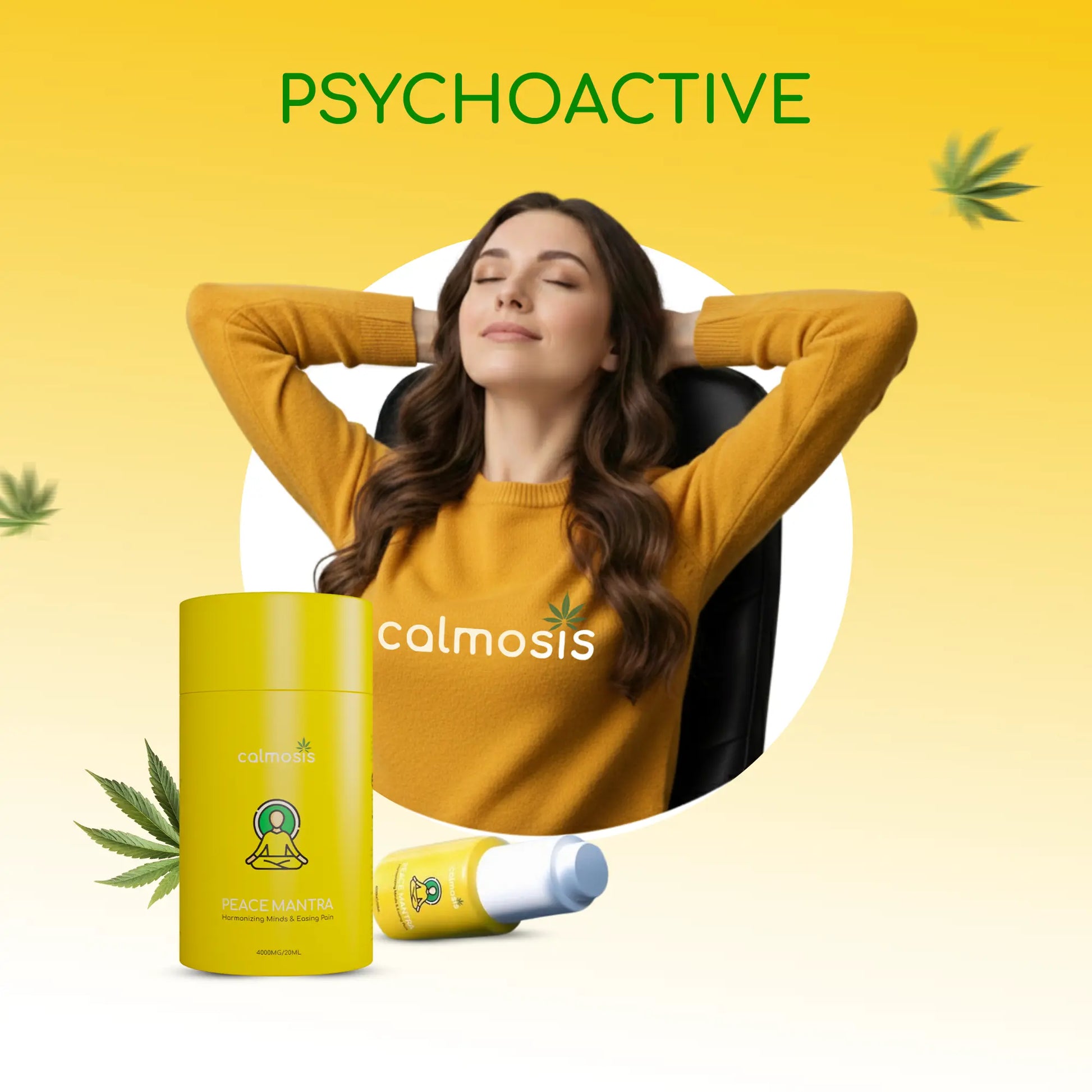 Woman in mustard yellow sweater with 'calmosis' branding, surrounded by cannabis leaves on a yellow background.