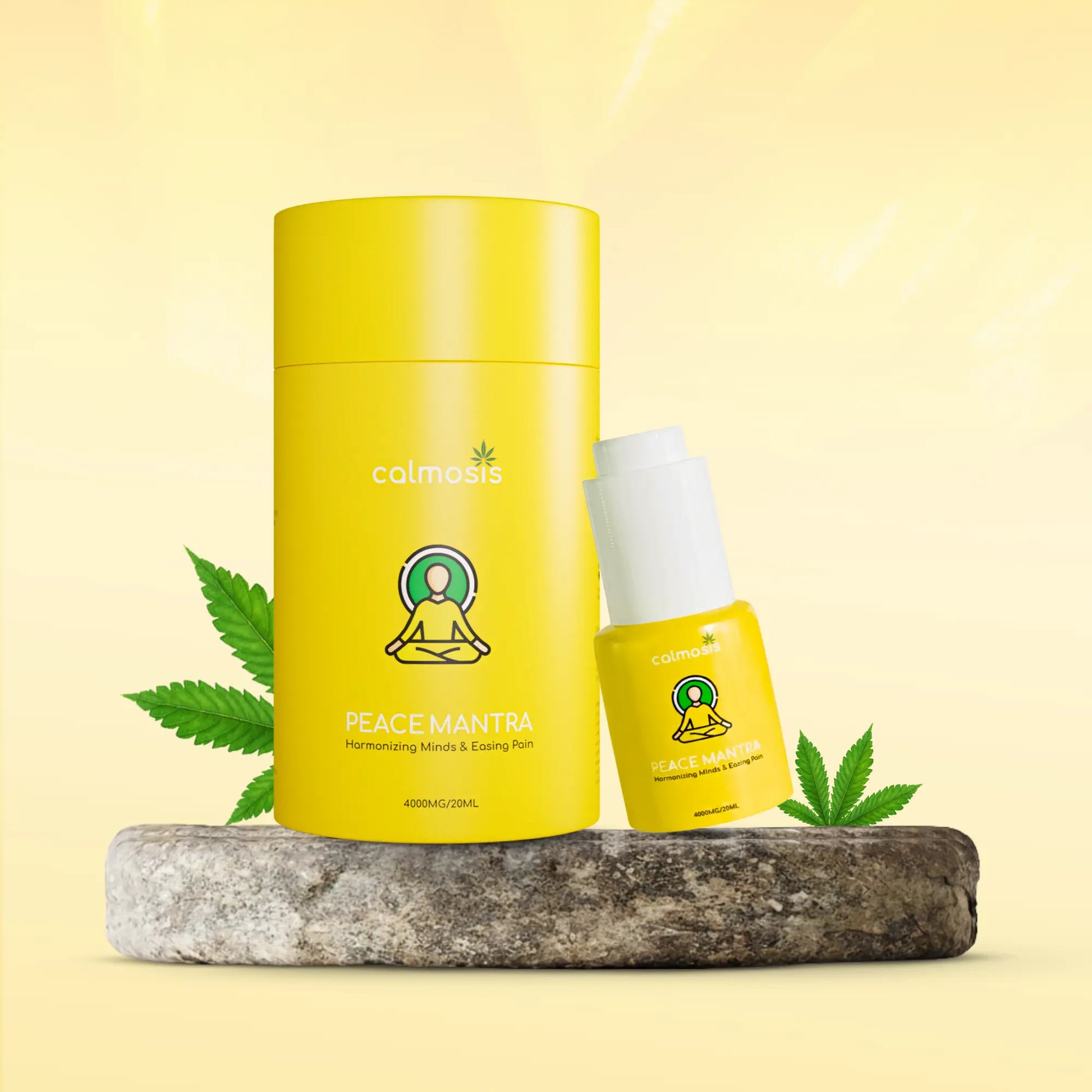 Yellow CBD product with brand logo on a light yellow background