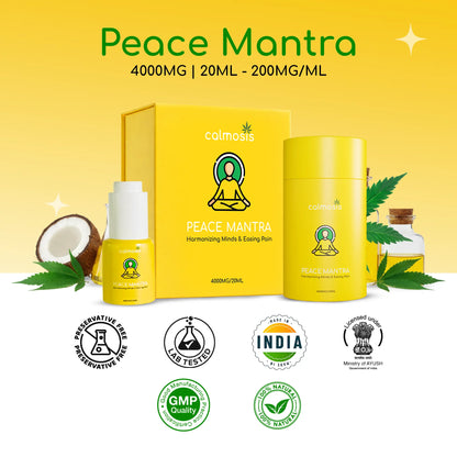Peace Mantra CBD product packaging with yellow box and bottle on a yellow background