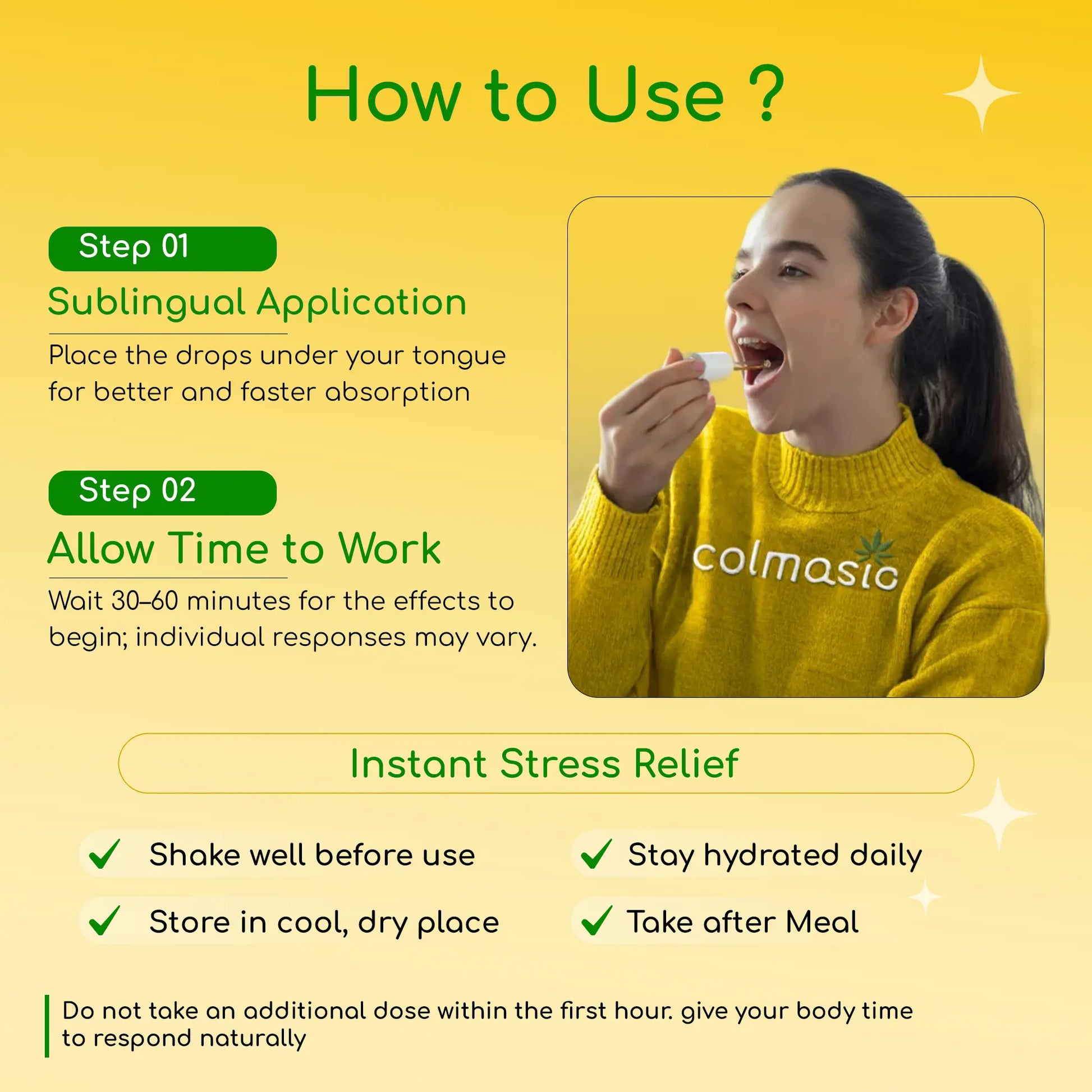 Instructions on how to use a CBD product with a person in a yellow sweater, featuring Calmosis branding.