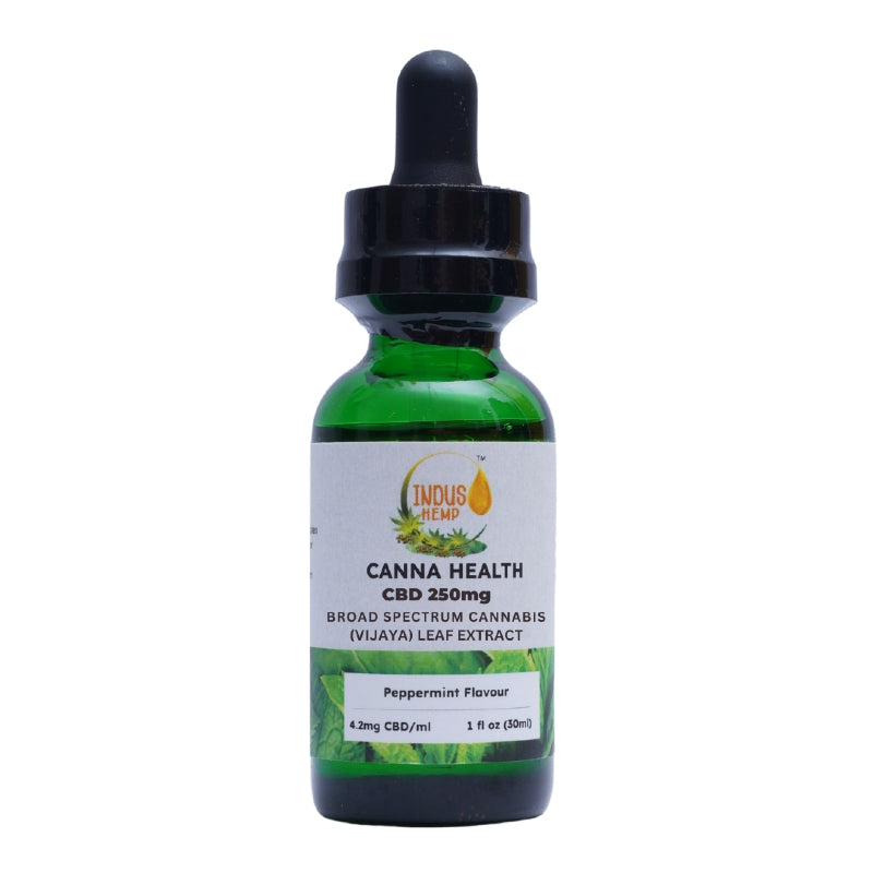 CBD tincture bottle with dropper labeled 'Indus Hemp' on a white background