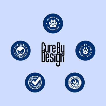Collection of logos and badges with 'Cure by Design' text on a light blue background