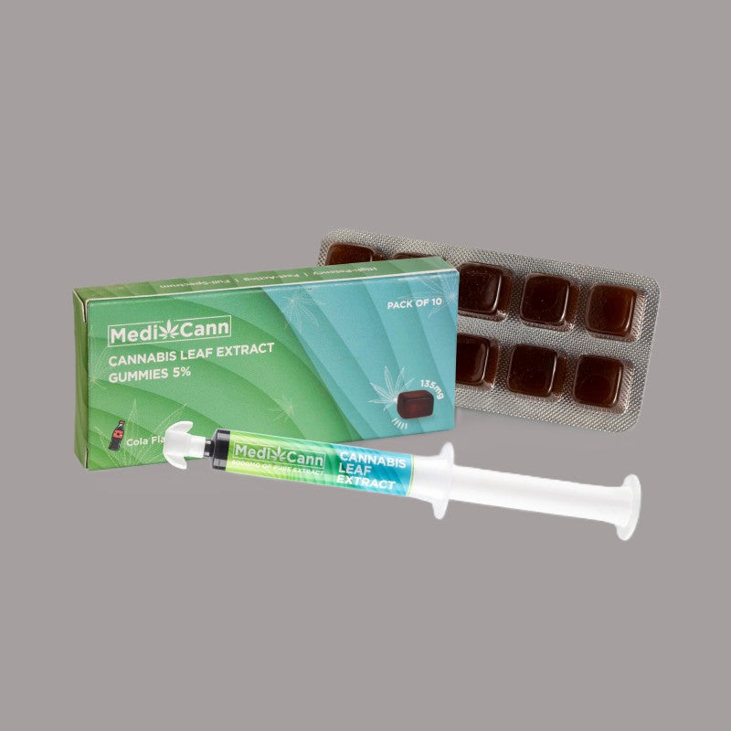 MediCann cannabis leaf extract product set on a gray background