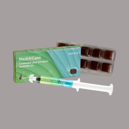 MediCann cannabis leaf extract product set on a gray background