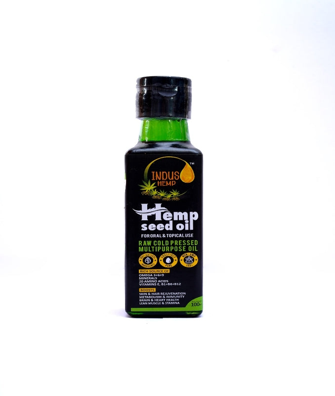 Bottle of Indus Hemp Hemp Seed Oil on a white background