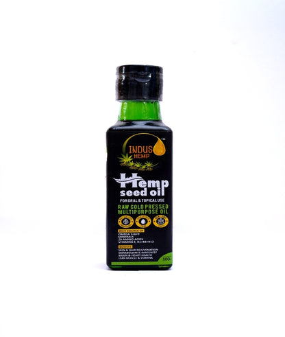 Bottle of Indus Hemp Hemp Seed Oil on a white background