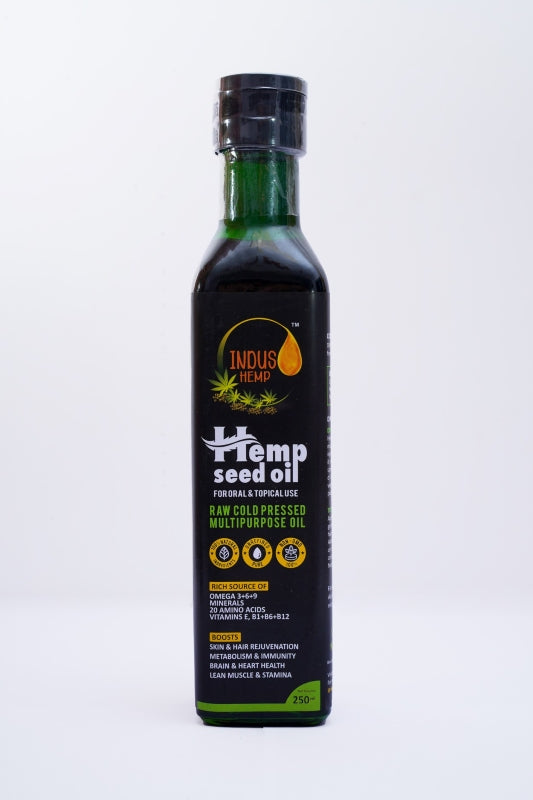 Bottle of Indus Hemp Seed Oil on a white background