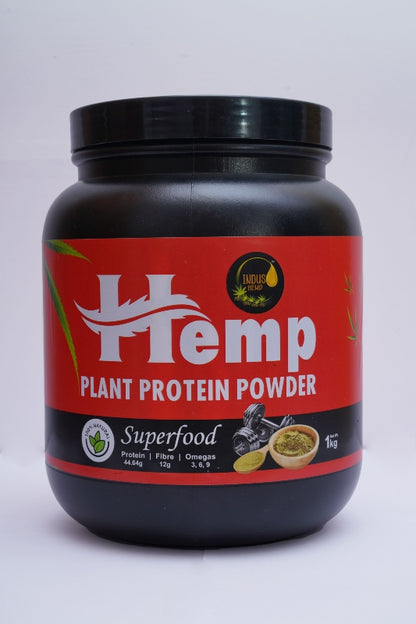 Black container of Hemp plant protein powder with a red label on a white background