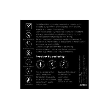 Product label with text and icons on a black background
