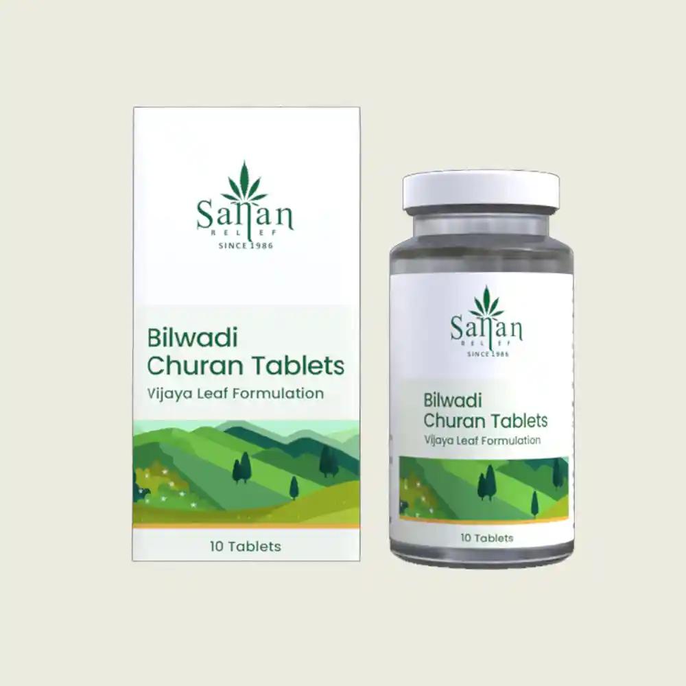"Box and bottle of Bilwadi Churan Tablets by Sanan Relief.

