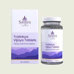 Box and bottle of Trailokya Vijaya  CBD Tablets with purple leaf logo and purple mountain design.