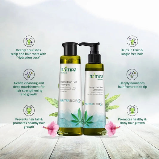Hampa Hemp Lush Hair Shampoo and Conditioner bottles on a light wooden surface with product benefits displayed.