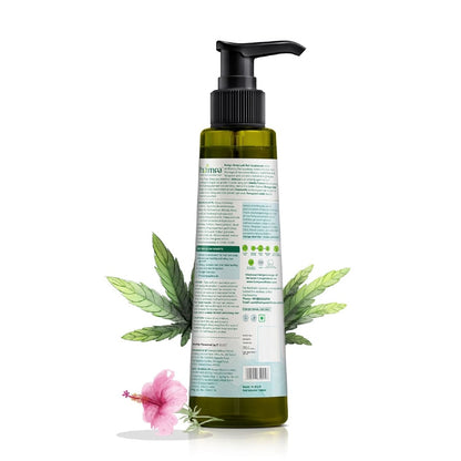 Cosmetic bottle with pump and label, surrounded by cannabis leaves and a pink flower on a white background