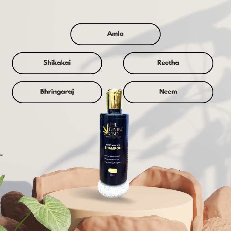 Bottle of "The Divine CBD Hemp-Infused Shampoo" on a beige pedestal with ingredient names.


