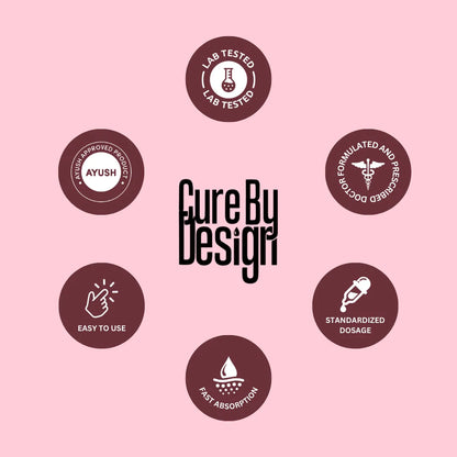 Cure By Design branding with various icons on a pink background