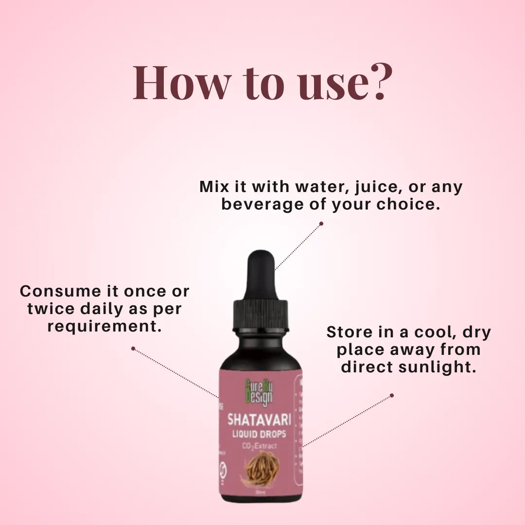 Shatavari liquid drops bottle with usage instructions on a pink background