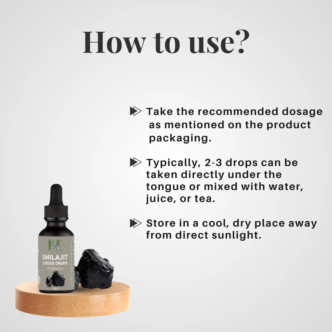 Bottle of Shilajit Liquid Drops with instructions on how to use on a white background