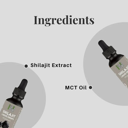 Shilajit Extract and MCT Oil with 'Ingredients' text on a light gray background
