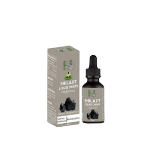 Shilajit liquid drops and packaging on a white background