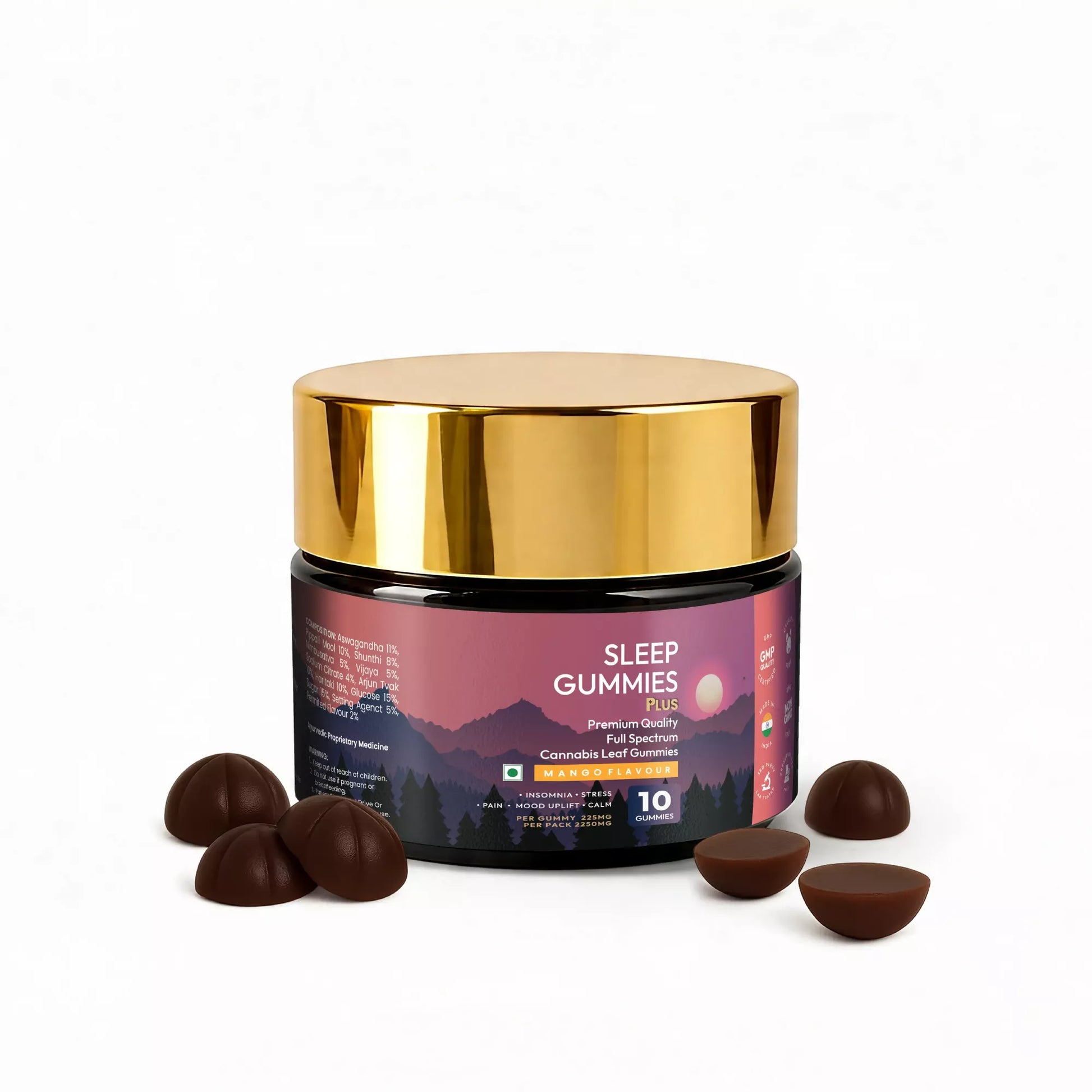Gold container of 'CBD THC Sleep Gummies Plus' with chocolate gummies on a white background