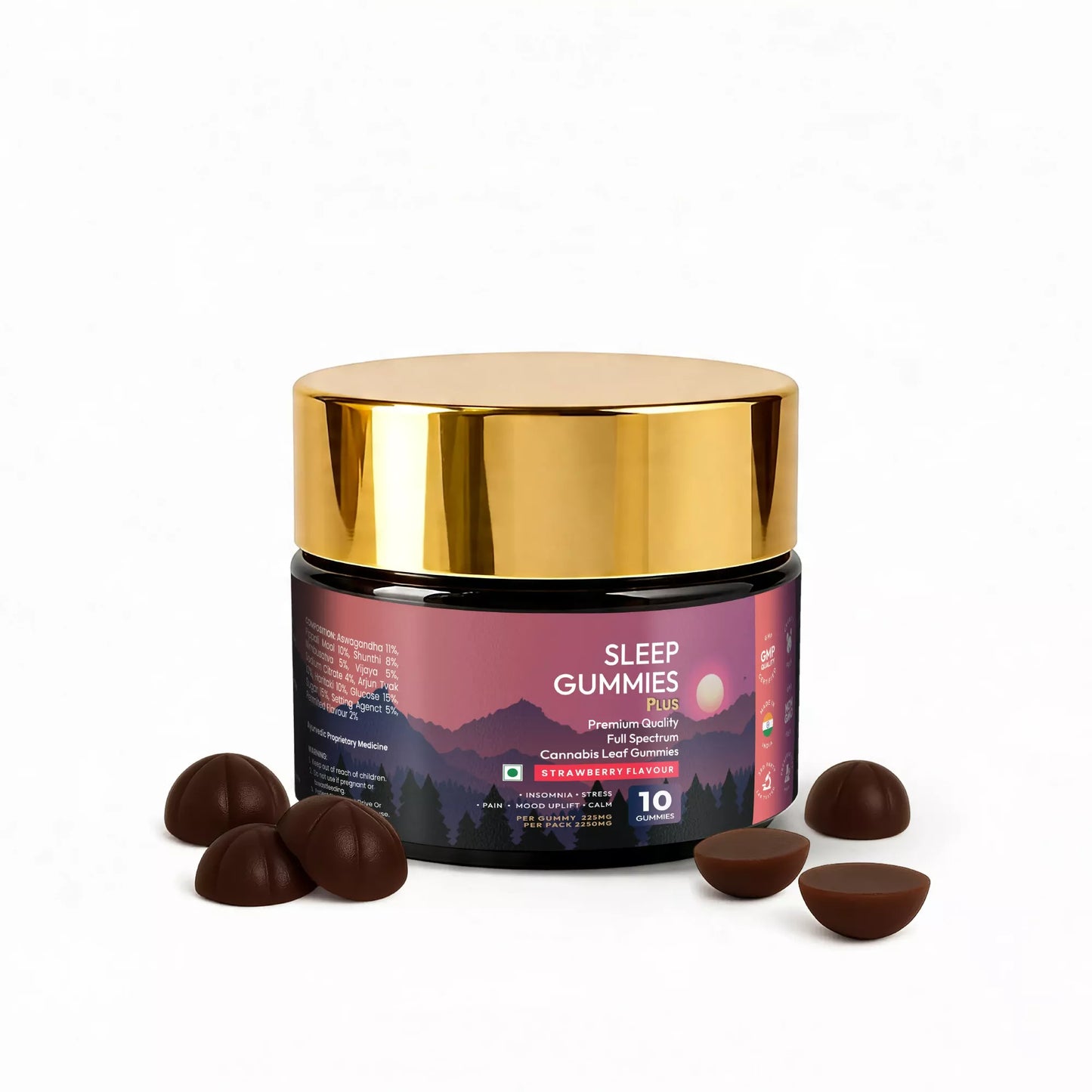 Gold container of 'Sleep Gummies Plus' with strawberry flavour gummies on a white background