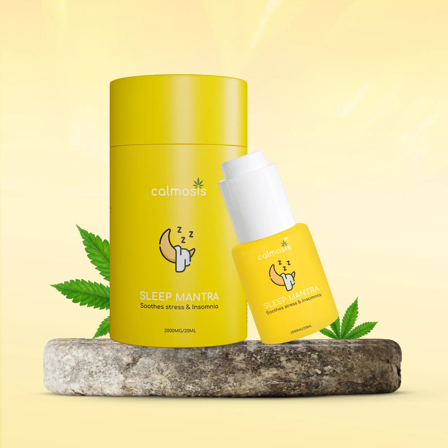 Two yellow and white CBD Oil bottles with 'calmosis' branding on a light yellow background.