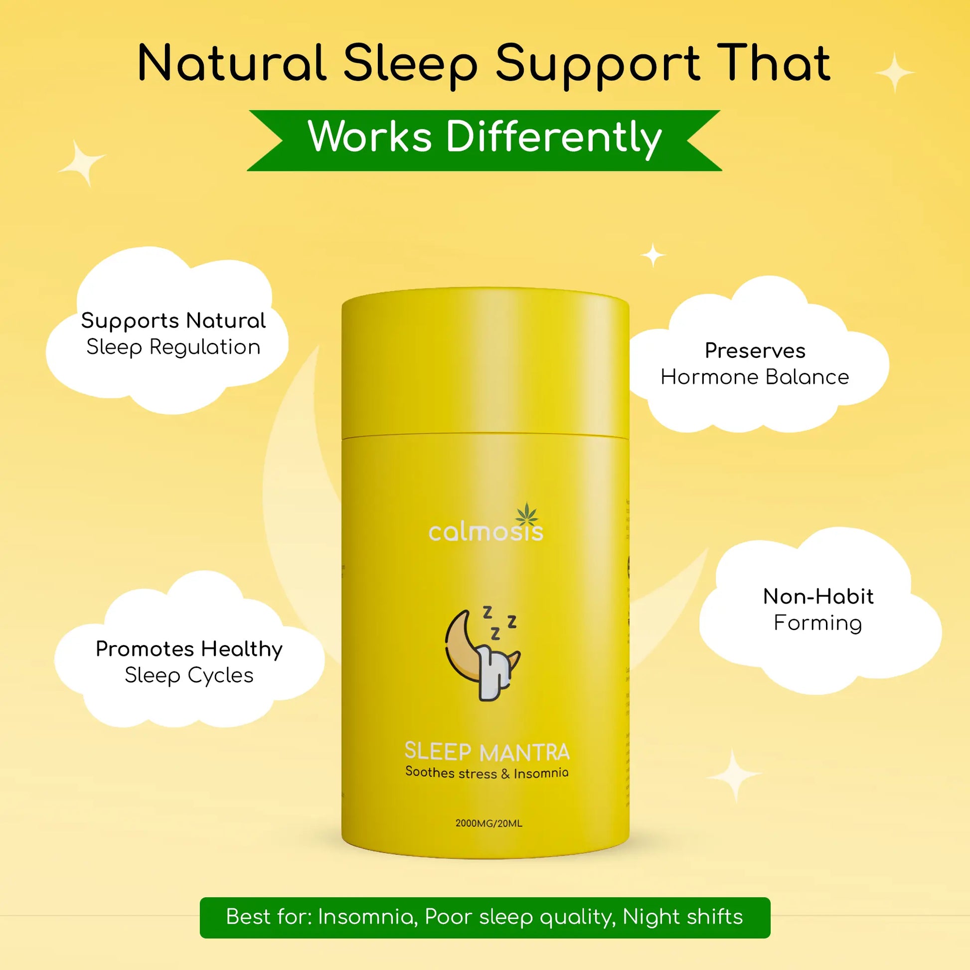 Yellow container labeled 'Sleep Mantra' with text about natural sleep support CBD Product on a yellow background