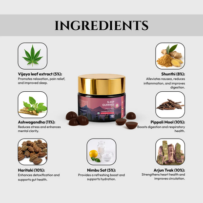 Sleep gummies with ingredients listed on a white background