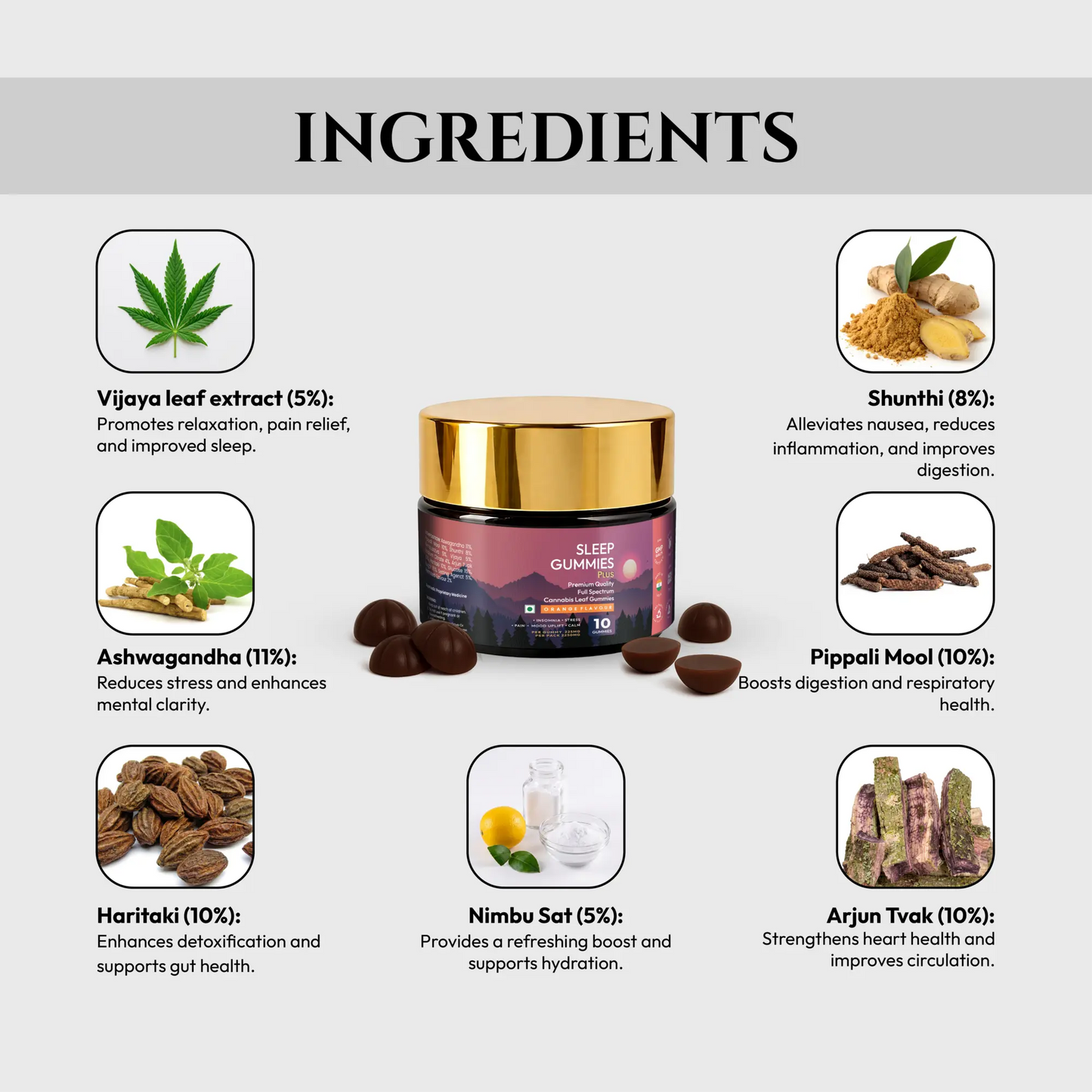 Sleep gummies with ingredients listed on a white background