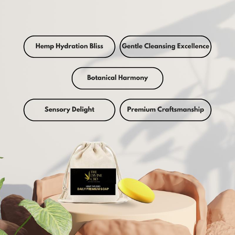 Promotional display featuring a hemp-infused premium soap with five descriptive text ovals above a beige pouch and yellow soap bar.

