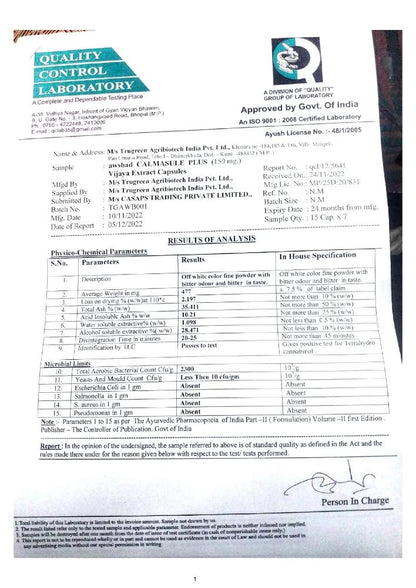 A laboratory test report detailing physico-chemical and microbial analysis results of CALMASHORROM CAPSULES with a signature at the bottom.