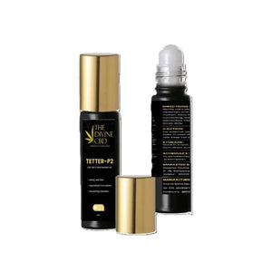 Black bottles with golden caps, one with a removed cap revealing a roll-on applicator, labeled 