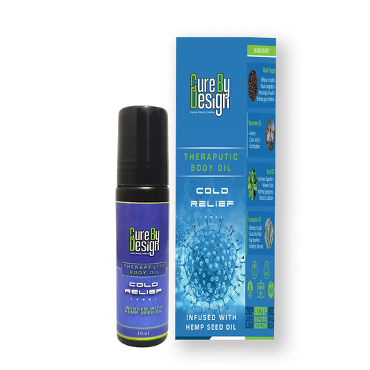 Cure by Design Cold Relief Therapeutic Body Oil with packaging on a white background