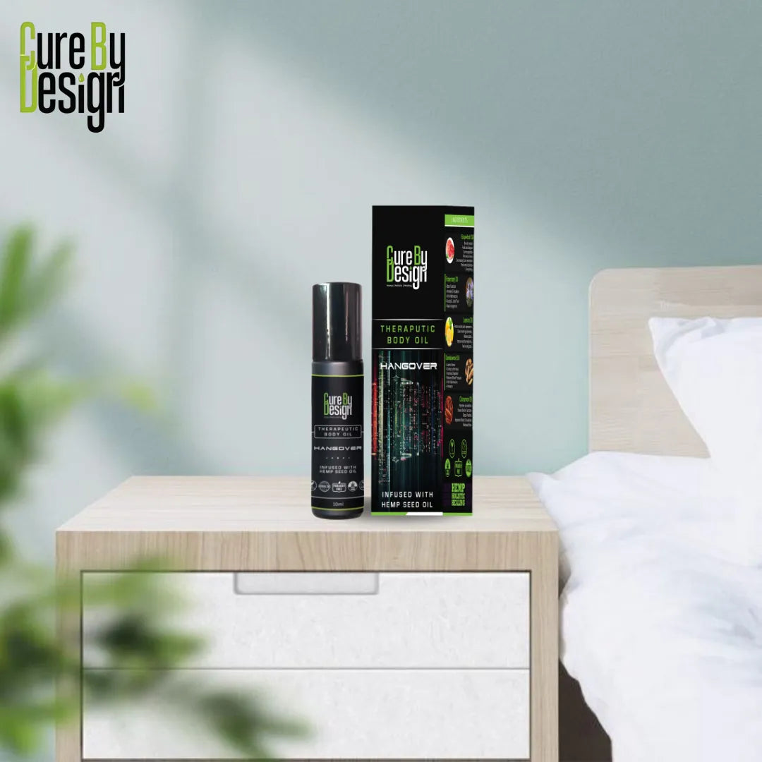 Cure By Design product on a nightstand with a blurred bedroom background