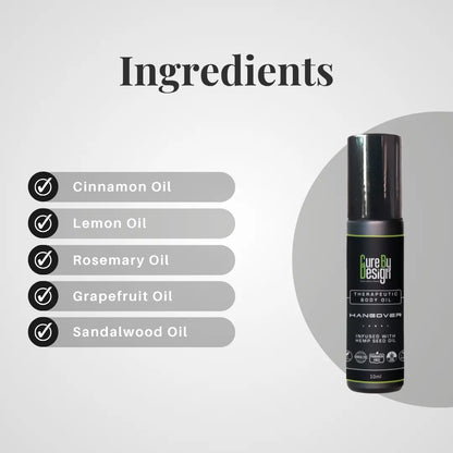 Therapeutic Body Oil Hangover by Cure by Design with ingredients listed on a gray background