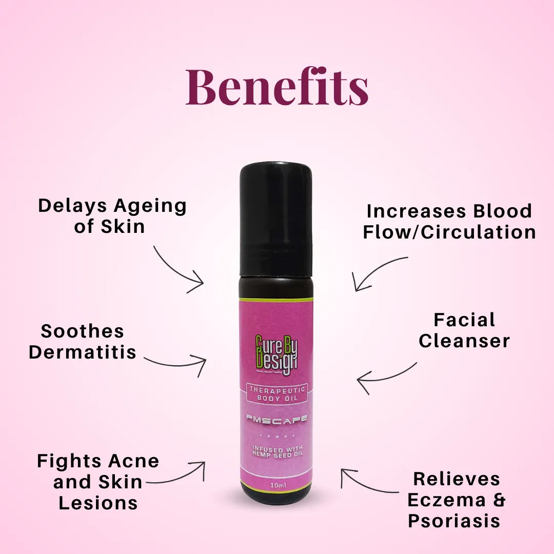 Pink bottle of 'Cure by Design' therapeutic body oil on a pink background with text listing benefits.
