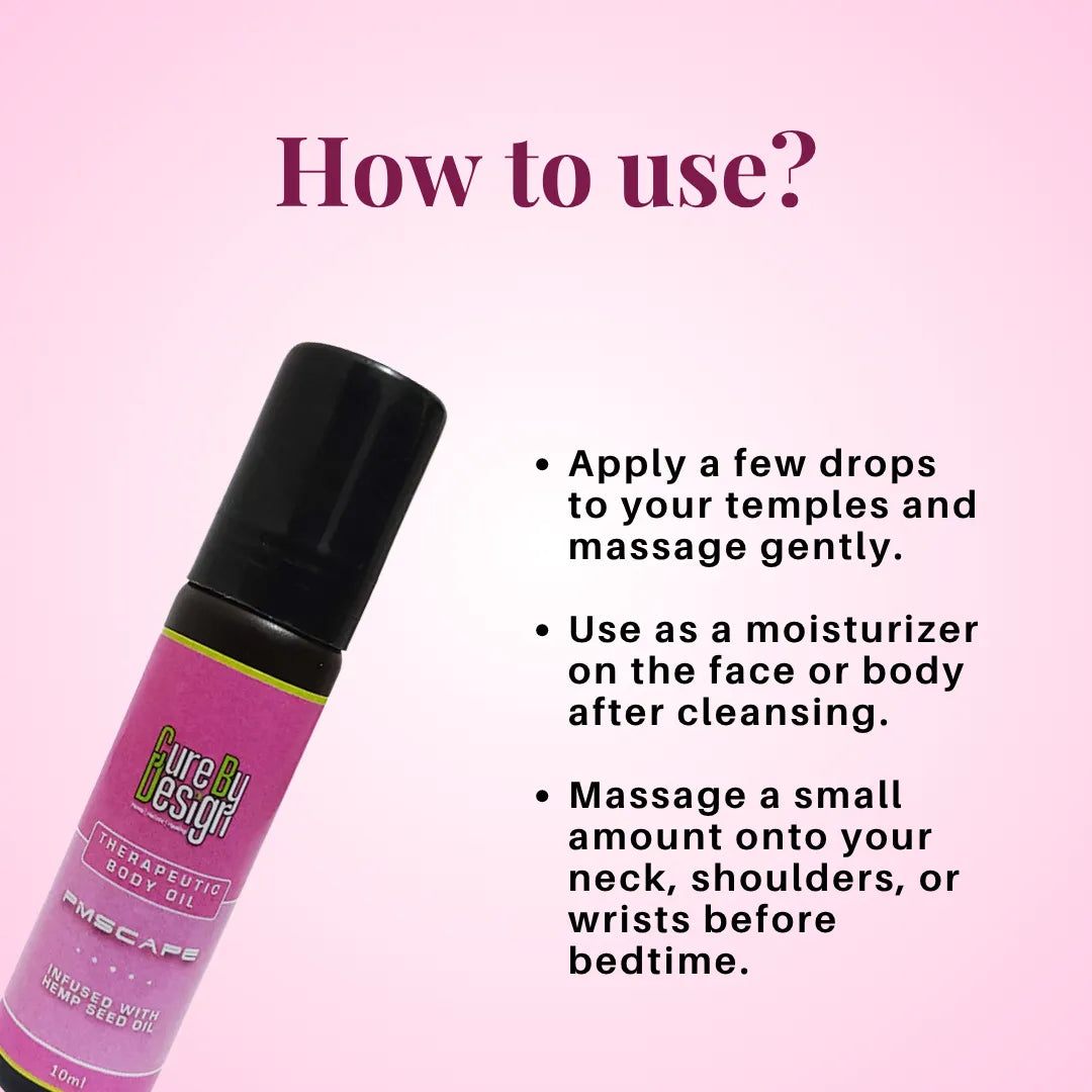 Therapeutic Body Oil PMScape by Cure by Design Pink bottle with usage instructions on a pink background