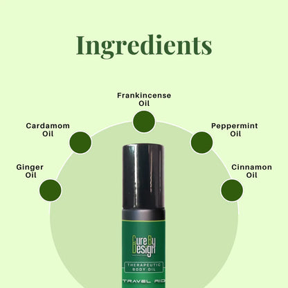 Therapeutic Body Oil by Cure by Design bottle with labeled ingredients on a green background
