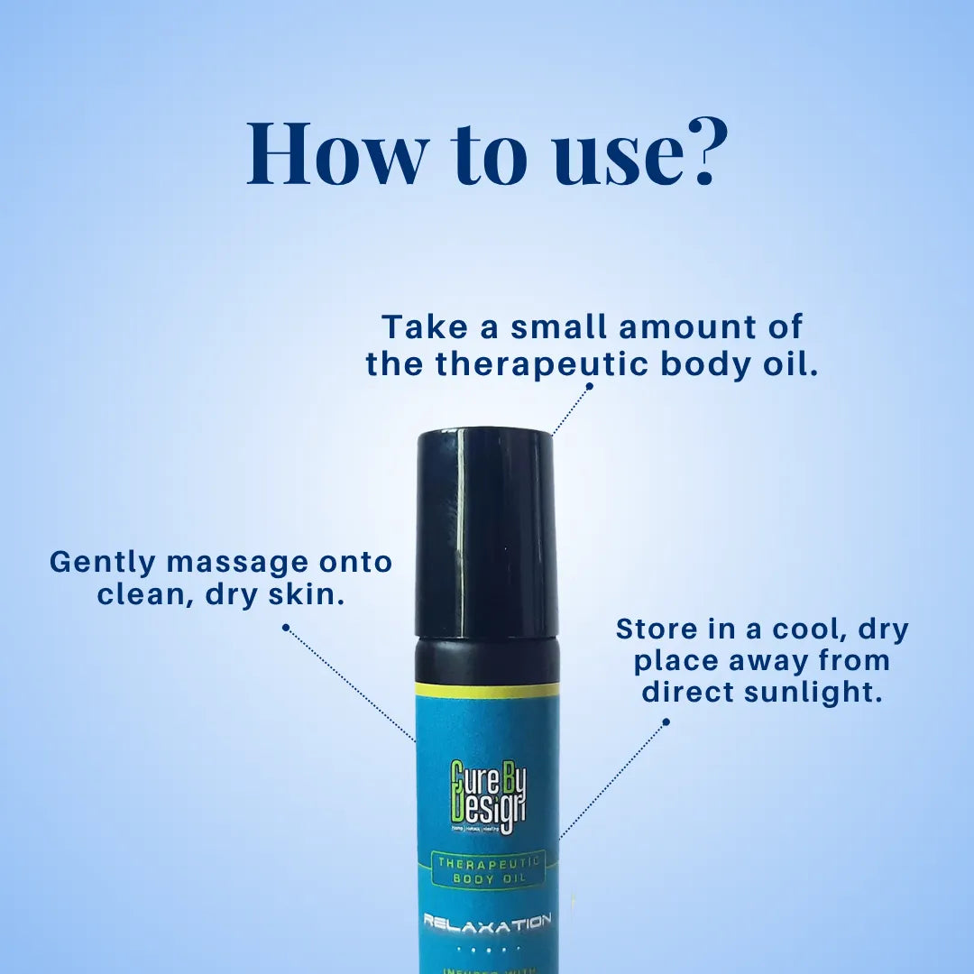 Blue bottle of therapeutic body oil relaxation with usage instructions on a light blue background